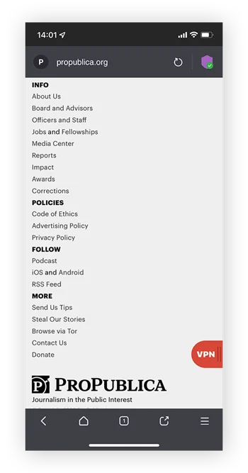 通过暗网使用Tor浏览器匿名访问ProPublica。