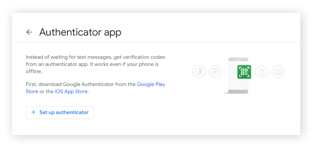 Google 帐户中 Authenticator 应用的设置画面