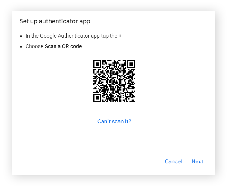 设置 Google Authenticator 的 QR 码画面