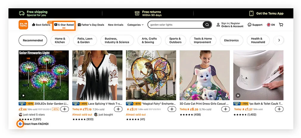 Temu.com五星评价页面显示已验证卖家标志
