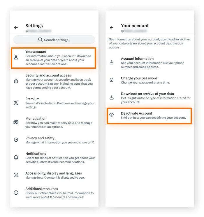 在 X 的设定与隐私选单中，点击你的帐号，再选择停用帐号。