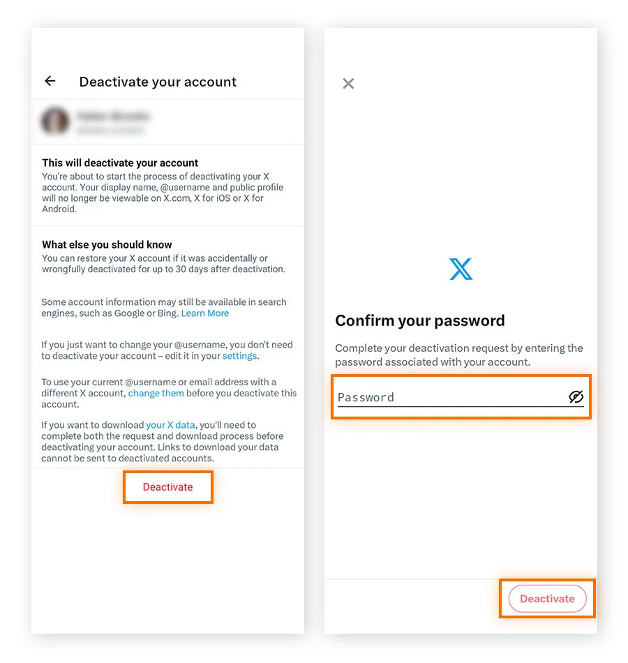 点击停用，输入密码，然后再次点击停用确认要删除你的 X 帐号。