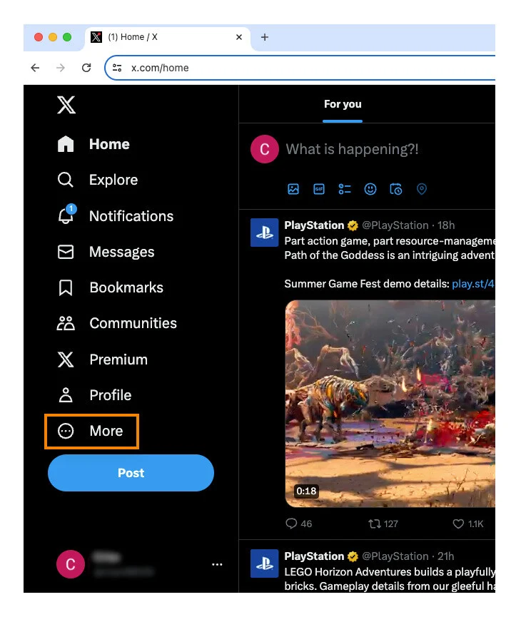 在 X 主选单中点击更多。