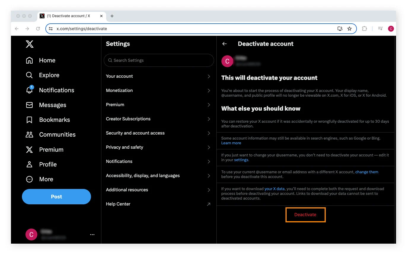 阅读有关停用 X 帐号的信息后，点击停用。